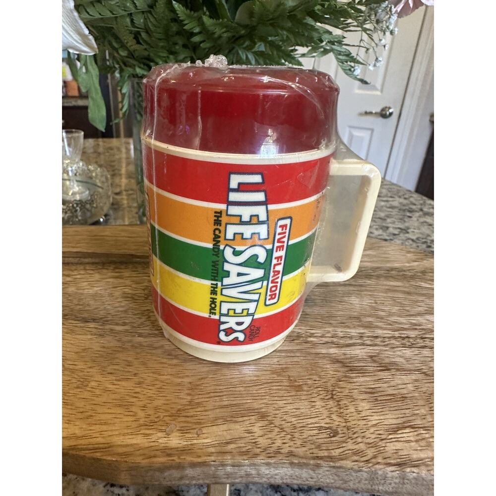 Vintage Life Savers Roll Candy Plastic Mug w\red Life Saver Lid